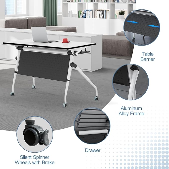 Conference Table, Folding Conference Room Tables, Mobile Training Tables with Silent Wheels, Large Rectangular Modular Seminar Table Office Computer Desks for Classroom White (4Pack L63in)