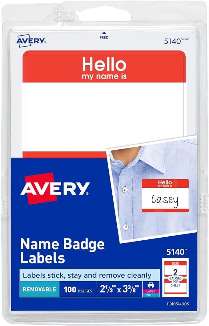 Avery Hello My Name is Name Tags, White with Red Border, 100 Removable Name Badges (05140)