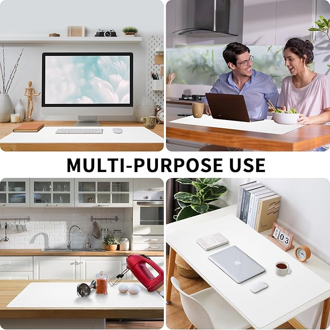 Leather Desk Pad, Large Mouse Pad, Non-Slip Desktop Mat, Leather Desk Blotter, Computer Desk Pad, Waterproof Desk Protector Mat for Home Office and Decor - White (35.4×15.7 Inches)