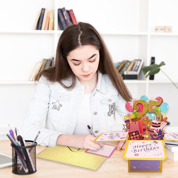 Asmallgf Funny 25th Birthday Pop Up Card for Son Daughter, Cool 25 Year Old Bday Gifts for Men Women, Sweet 25 Birthday 3D Greeting Card for Him Her, Great 25th Bday Gift Idea for Girlfriend Boyfriend