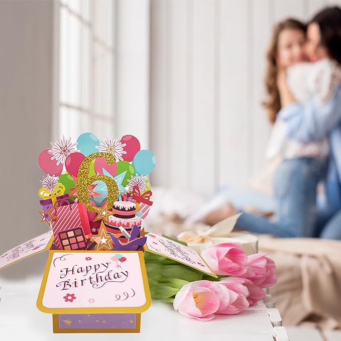 Asmallgf Happy 6th Birthday Pop Up Card for Daughter Niece, Funny 6 Years Old Birthday Gifts for Girl Boy, Sweet 6 Birthday Gift Ideas for Him Her