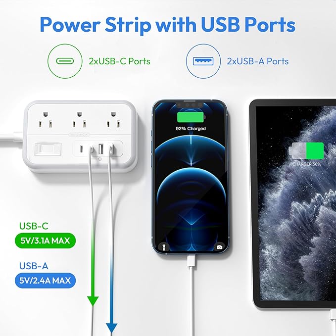 Extension Cord 15 ft, Surge Protector Power Strip with 6 Outlets 4 USB Charger(2 USB C Port), Flat Plug Outlet Extender Long Cord, Protection for Indoor, Home, Office Supplies, Dorm Room Essentials