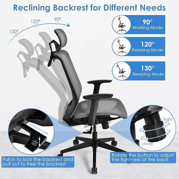 POWERSTONE Ergonomic Mesh Office Chair - High Back Computer Desk Tilt Lock Mesh Seat with Lumbar Support and Clothing Hanger, Executive Swivel Mesh Chair with Adjustable Arms and Headrest (Grey)