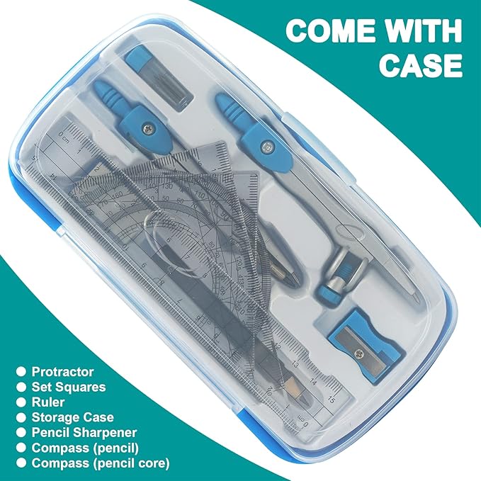 Math Compasses Back-to-School Starter Geometry Kit with 2 Drafting Compasses Protractor Set Squares Ruler and More for Students Maths Study Homework, Blue Set with Carry Case
