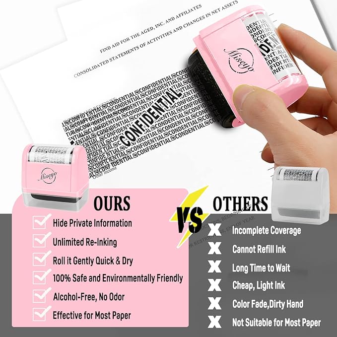 Miseyo Wide Roller Stamp Identity Theft Stamp 1.5 Inch Perfect for Privacy Protection,Anti-Theft Security Confidential Easy for Guard Personal Information Blockout - Pink