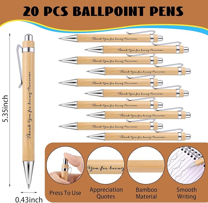 20 Sets Employee Appreciation Gifts Inspirational Spiral Notebooks with Sticky Notes Notepads Motivational Bamboo Ballpoint Pens for Nurse Coworker Teacher (THANK YOU)