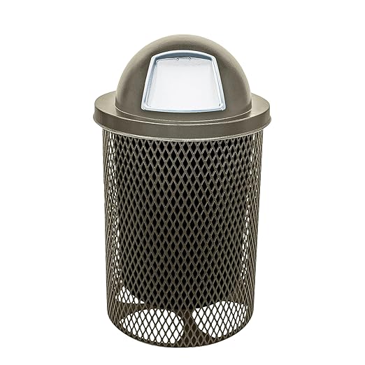 32-Gallon Heavy-Duty Expanded Metal Round Trash Receptacle, Commercial Outdoor Waste Bin with Liner & Black Dome Lid – Made in America (Textured Gold Vein)