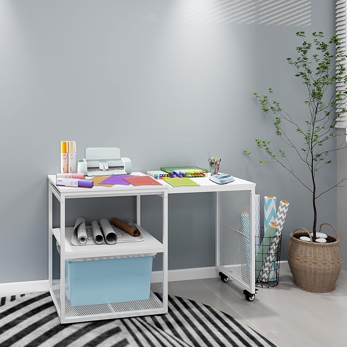 Natwind Large Printer Stand with Storage Shelves,Extendable Home Craft Table,Home Office Organization Desk, Versatile Table for Home Office, Kitchen, Study Room, Living Room (White)