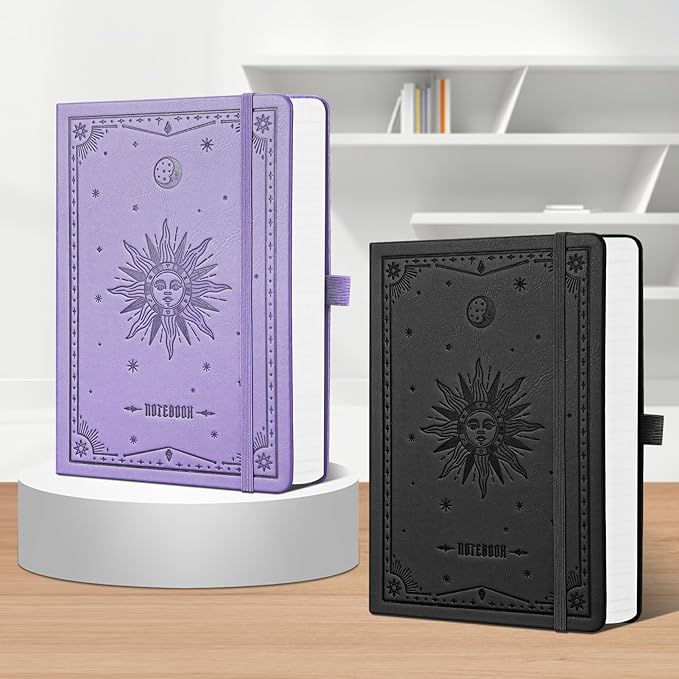 EMSHOI A5 Hardcover Leather Journal - 320 Pages, 100GSM Thick Notebook Lined Journal for Writing Women & Men, College Ruled, Sun Design- Black (5.75" x 8.38")