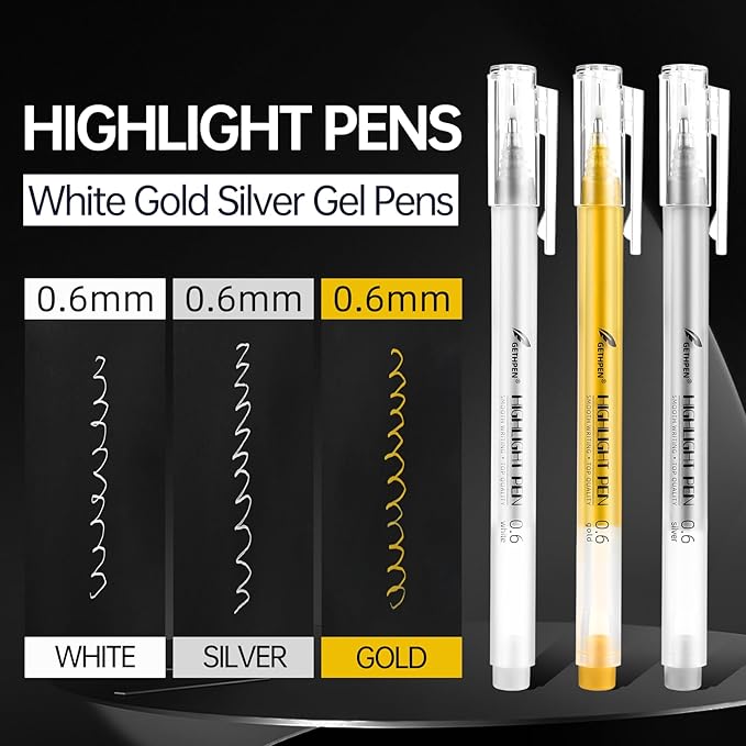 3 Colors 0.6mm Extra Fine Point Gel Pen Set – White, Gold & Silver Gel Ink Pens for Artists Drawing on Black Paper, Sketching, Bullet Journaling & Holiday Crafts