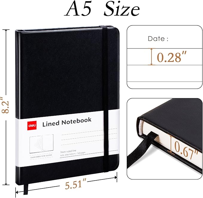deli 6-Pack Black Lined Journal Notebook, 160 Pages Hardcover Writing Notebook, A5 (5.5"x8.2") College Ruled Notebook for Office, School, Work Notes