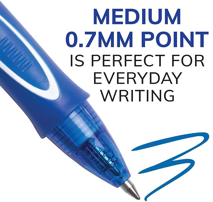 BIC Gelocity Quick Dry Blue Gel Pens, Medium Point (0.7mm), 12-Count Pack, Retractable Gel Pens With Comfortable Full Grip