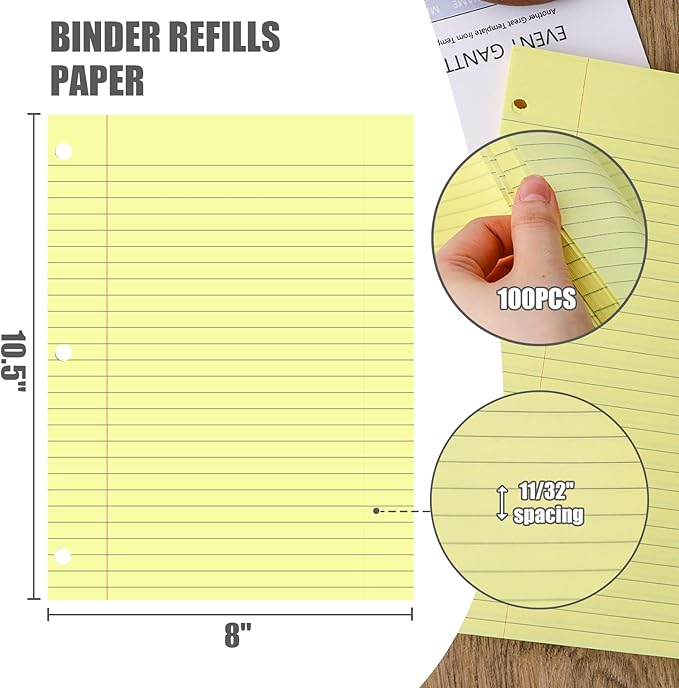HIBOX 100 Sheets Ruled Loose Leaf Paper, 8" x 10.5" Yellow Lined Filler Paper Binder Refills Paper 3 Holes Punch for Notebook Binder Planner School Office