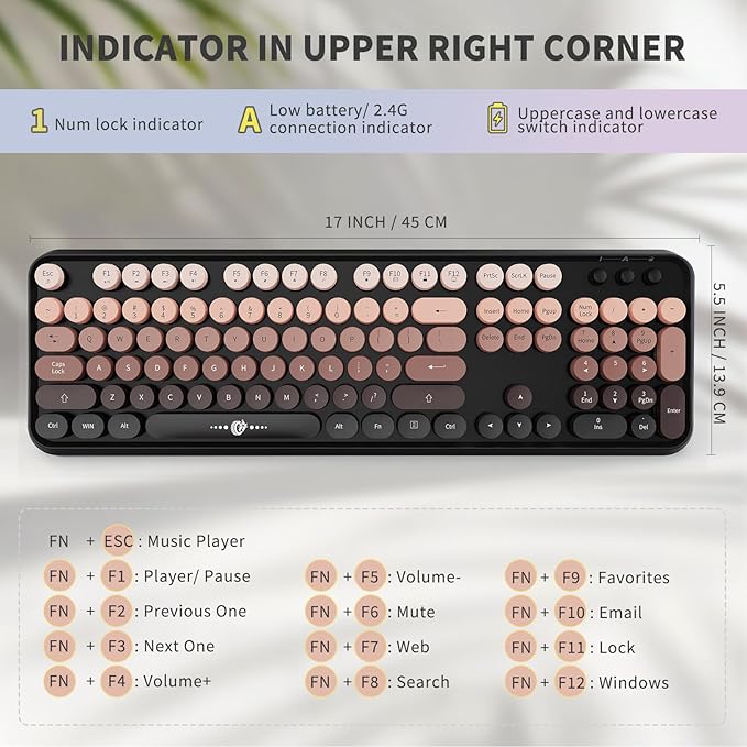 Wireless Keyboard and Mouse Combo, 104 Round Keys Cute Colorful Keyboard and Mouse with Retro Typewriter for PC/Mac/Laptop/Tablet/Computer/Windows Black