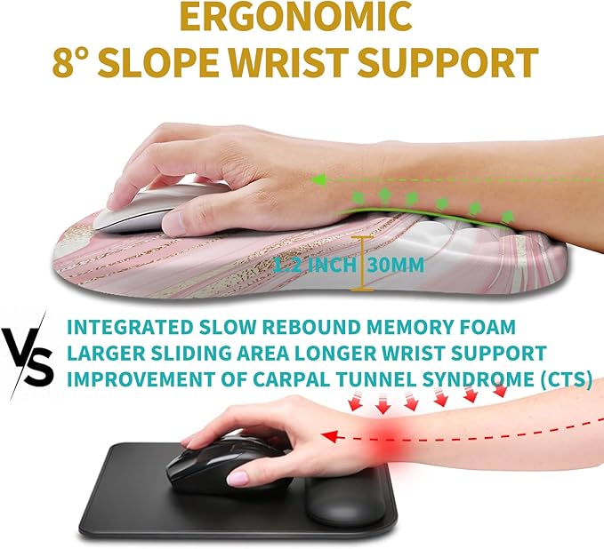Hokafenle Ergonomic Mouse Pad Wrist Support, Wrist Rest Mousepad for Carpal Tunnel Pain Relief with Integrated Memory Foam Slope Massage Bulge (11.8x7.9 inch,Pink Fluid