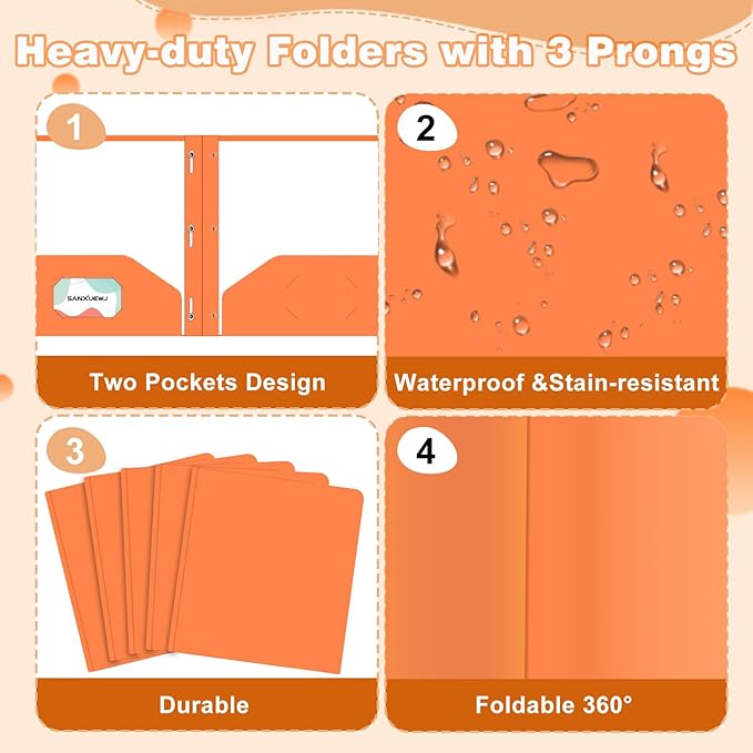 30 Pack Two Pocket Folders Business Card Holder Plastic Folders with Prongs for School Office Filing Cabinet Resume Portfolio (Orange)