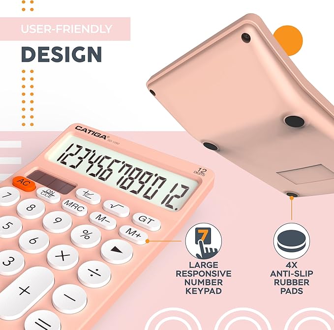 CATIGA 12 Digit Desktop Calculator Basic Desk Calculator with Large LCD Display, Big Buttons, 4 Function, Solar and Battery Dual Power, for Office, School, Home, SD-1292 Pink