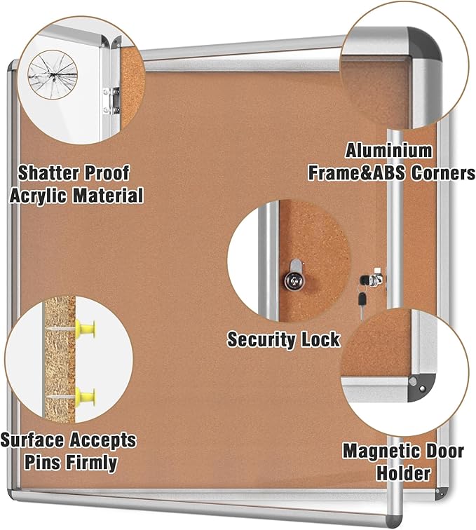 38"x38" Enclosed Bulletin Board, Lockable Weather-Resistant Aluminum Cork Noticeboard for School & Office, Silver Frame w/Cork