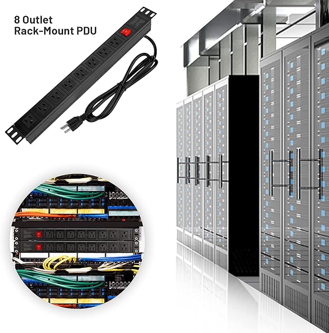 BTU Power Strip Surge Protector Rack-Mount PDU, 8 Right Angle Outlets Wide-Spaced, Mountable Power Strip Heavy Duty for Server Racks, Commercial, 300J (Black 10FT)