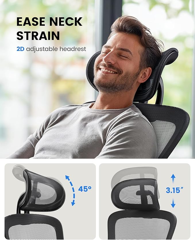 NOBLEWELL Ergonomic Office Chair with Padded Lumbar Support, 2D Headrest, Adjustable Armrests, Upgraded Contoured Seat Cushion, 130° Rocking Tilt, Computer Chair for Home Office, NWOC1-1