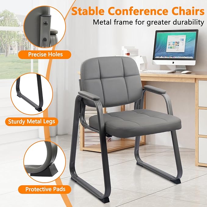 CLATINA Waiting Room Guest Chair with Bonded Leather Padded Arm Rest for Office Reception and Conference Desk Black with Sled Base Grey 1Pack