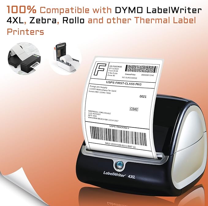 FungLam 4 Rolls 4XL Labels 4" x 6" Direct Thermal Printer Labels, Shipping Labels Compatible with LabelWriter 4XL 1744907 Thermal Postage Label Paper, 220 Labels/Roll