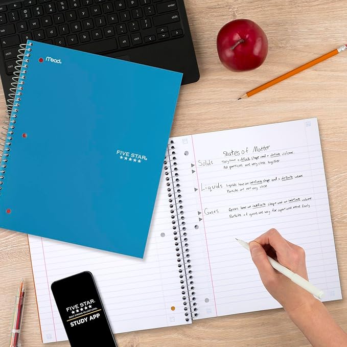 Five Star Spiral Notebook + Study App, 5 Subject, Wide Ruled Paper, Fights Ink Bleed, Water Resistant Cover, 8" x 10-1/2", 200 Sheets, Tidewater Blue (73196)