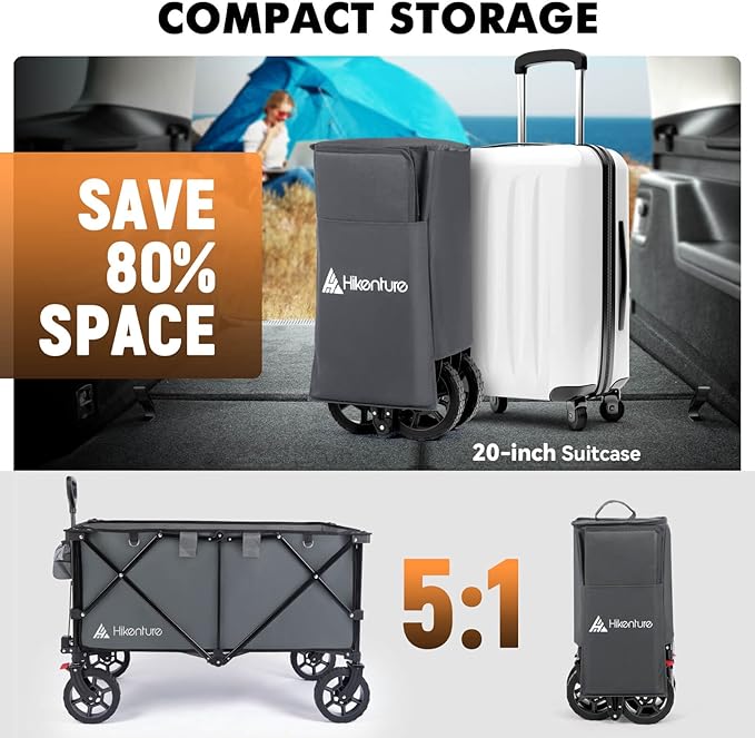 Hikenture Collapsible Wagon 330LBS Capacity, 200L Extra Large Wagons Carts Foldable, Heavy Duty Folding Wagon with All-Terrain Wheels, Utility Beach Wagon for Outdoor Garden