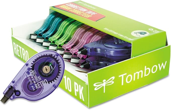 Tombow 68723 MONO Original Correction Tape, Asst RetroColor Applicators, 1/6-Inch x 394-Inch, 10/Pack