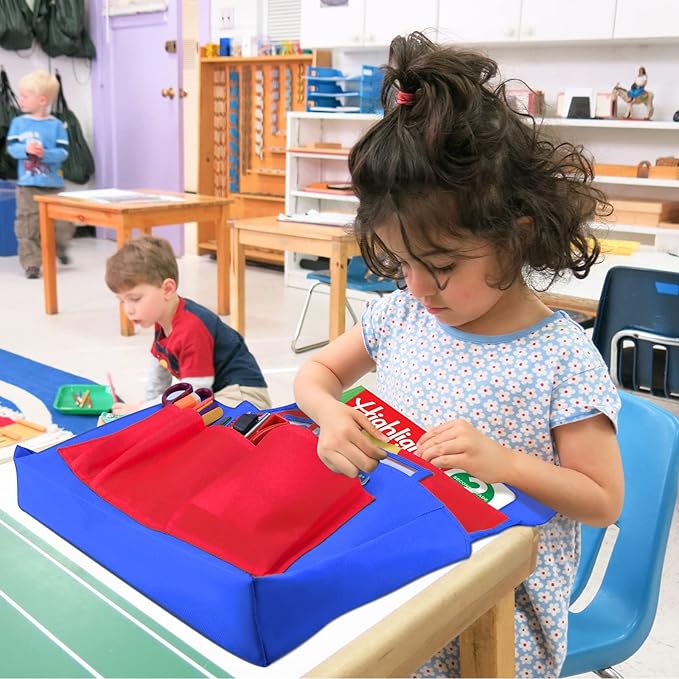 School Seat Chair with Storage Pocket Organizer, Label Slot, Multiple Pockets for School, Home, Classroom, Preschool, Daycare (Red+Blue)
