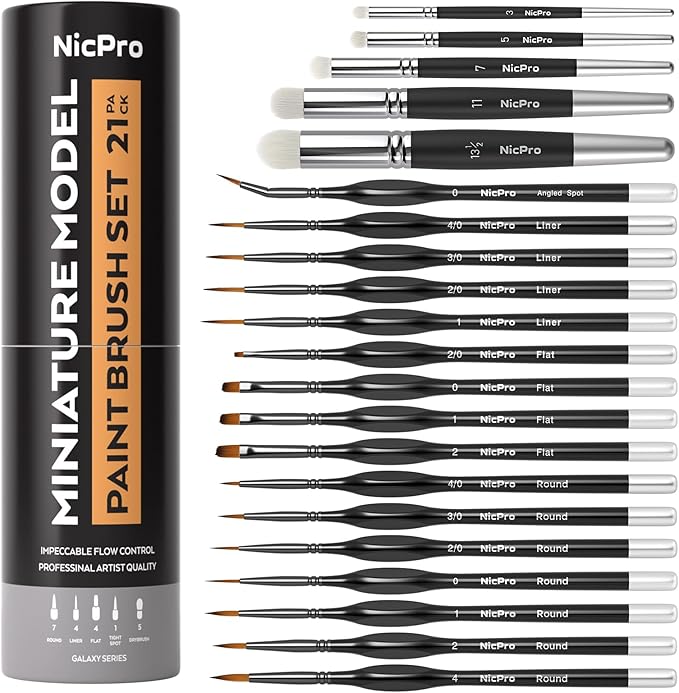 Nicpro Miniature Paint Brushes Drybrush - 21PCS Model Paint Brush Set for Acrylic Watercolor, Detail Paint Brush Dry Brush for 40k Model, Miniature Painting, Citadel, DND Miniatures - with Container