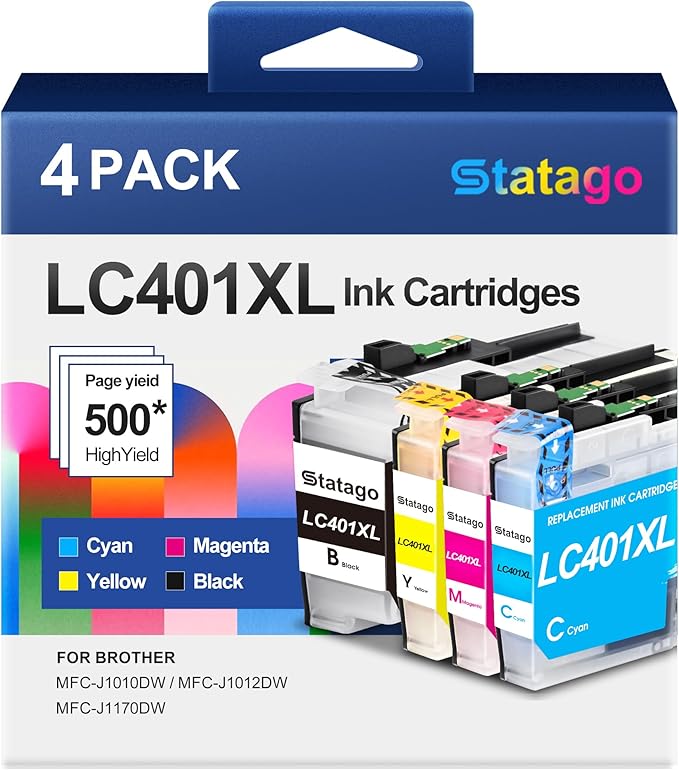 LC401XL Ink Cartridges for Brother LC401XL LC401 Ink High Yield Work for Brother MFC-J1010DW MFC-J1170DW MFC-J1012DW DCP-J1140DW MFC-J1800DW Printer (1 Black 1 Cyan 1 Magenta 1 Yellow, 4 Pack)