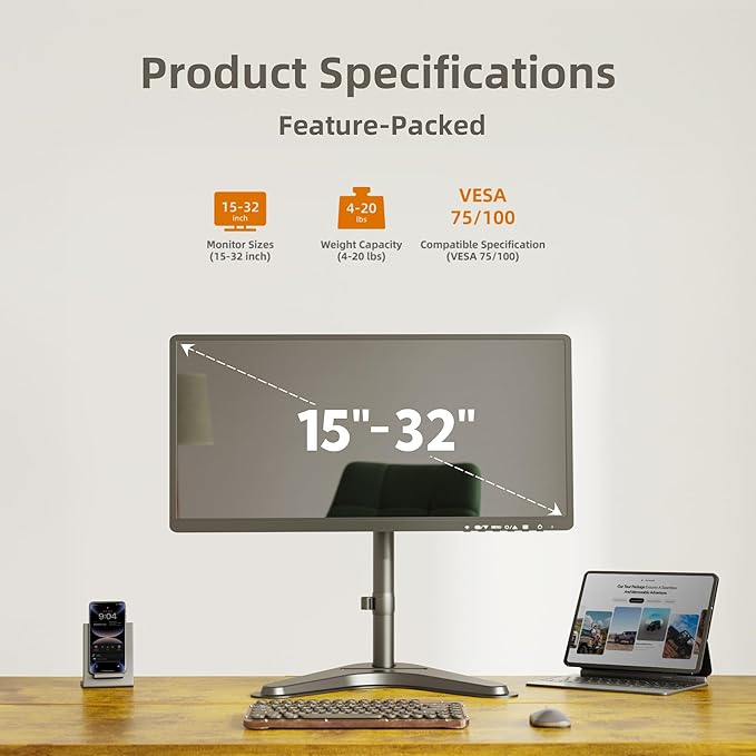 Claiks Monitor Mount, Ergonomic Adjustable Monitor Stand for Max 32 inch Screens, Adjustable Stand up to 20 lbs, VESA Mounting Holes 75&100mm, Black