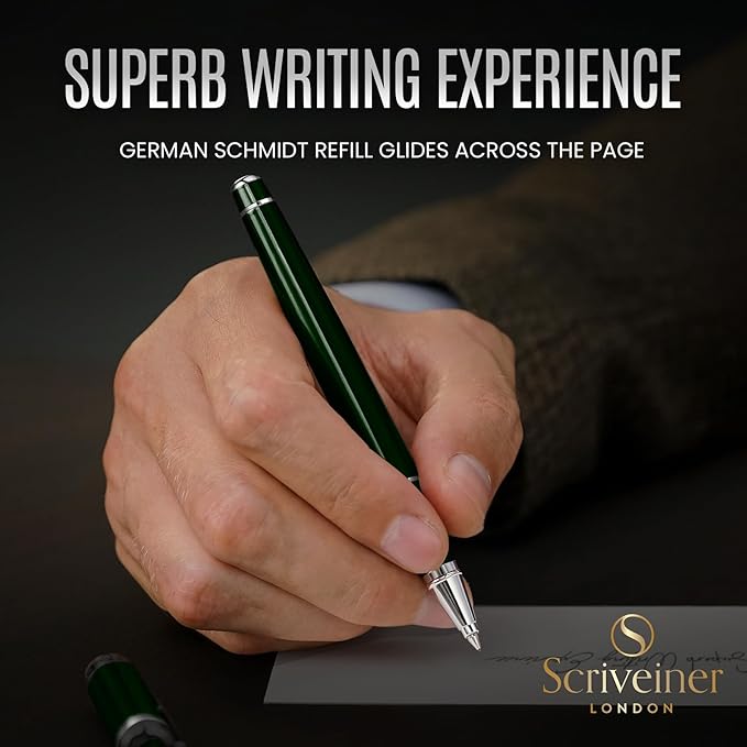Scriveiner Personalized British Racing Green Pen - Stunning Green Lacquer Luxury Pen with Chrome Finish, Schmidt Ink Refill, Best Engraved Roller Ball Gift Set for Men & Women, Custom Name Engraving