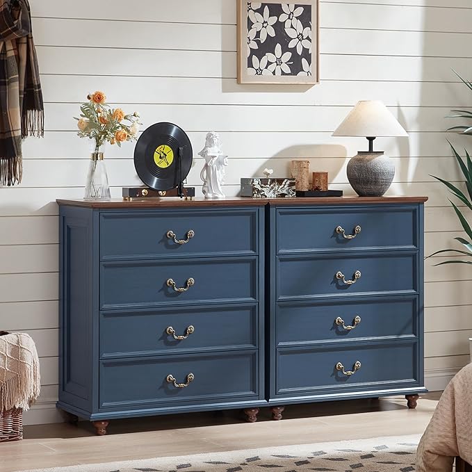 Farmhouse 4 Drawer Dresser Set of 2 for Bedroom, 37" Tall Rustic Chests of Drawers w/ 4 Solid Wood Feet, Mid Century Vintage Wooden Closet Storage Dressers Organizer for Living Room, Navy Blue