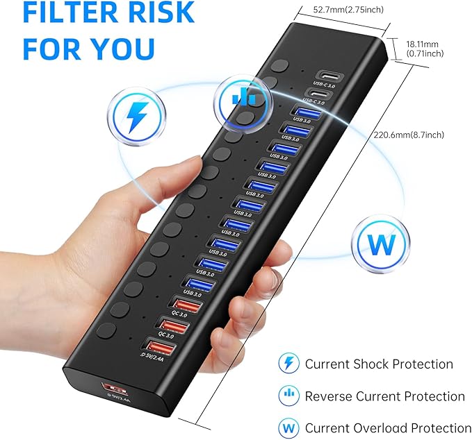 Powered USB 3.0 Hub, 16-Port USB C Hub Splitter (10 USB 3.0+2 QC 3.0+2 Smart Charging+2 USB-C 3.0) with Individual Switches, 12V 7.5A 90W UL Certified Power Adapter for Laptop, Mac, PC, Computer