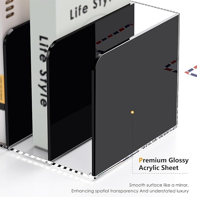 Acrylic Magazine File Holder Desktap Organizer Folder Rack Workspace Sorters, Bookend File Sorter Holder Office Accessories Organization Storage 3 Vertical Compartments, Black