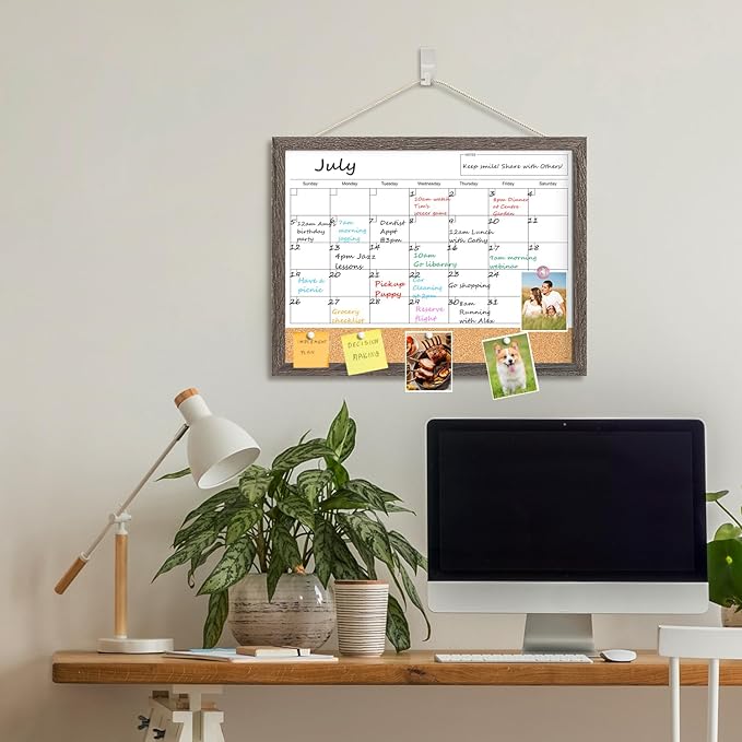 Whiteboard Calendar & Corkboard for Wall, 17"x13" Magnetic Dry Erase Monthly Calendar with Wood Framed, White Board Cork Board Combo, Calendar Bulletin Board for Home Kitchen Office Memo Planner