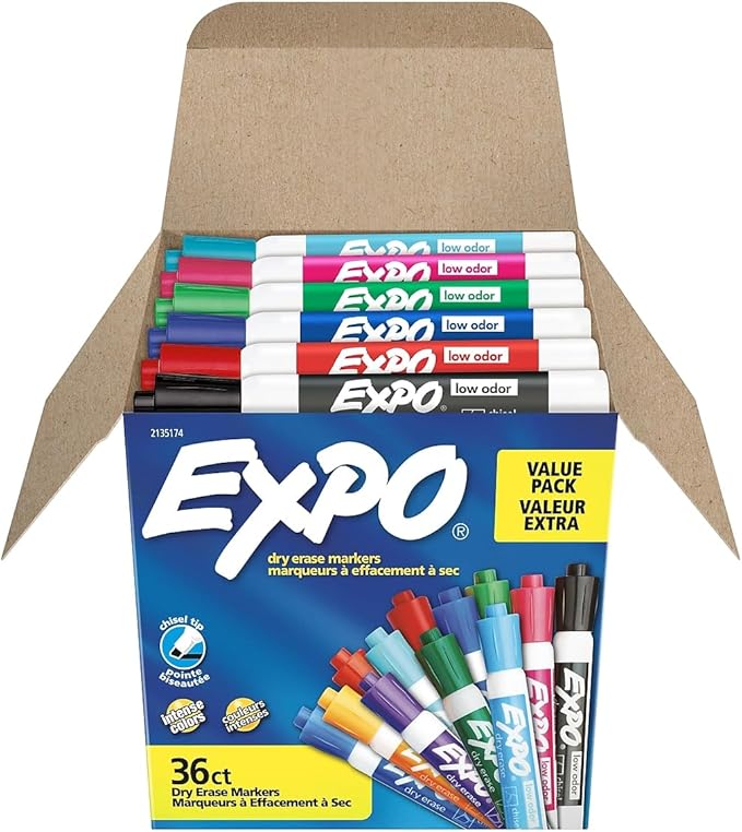 EXPO Low Odor Dry Erase Markers, Chisel Tip, Assorted Fashion Colors, 36 Count for Classroom, Office & Home Use