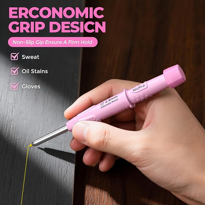 Nicpro CP3000 Carpenter Pencil with Sharpener, Construction Mechanical Pencils with 19 Refills, Heavy Duty Construction Pencil, Pink Woodworking Tools For Women, Great for Marking On Wood, Metal