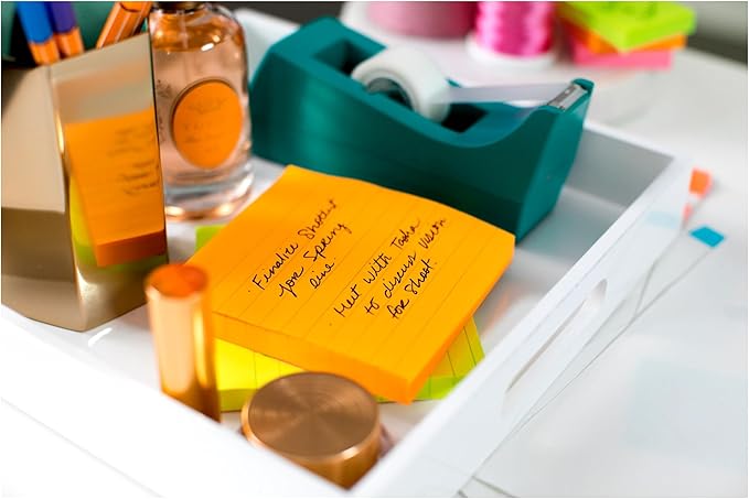 Post-it Super Sticky Lined Notes, 6 Sticky Note Pads, 4 x 4 in., School Supplies, Office Products, Sticky Notes for Vertical Surfaces, Monitors, Walls and Windows, Energy Boost Collection