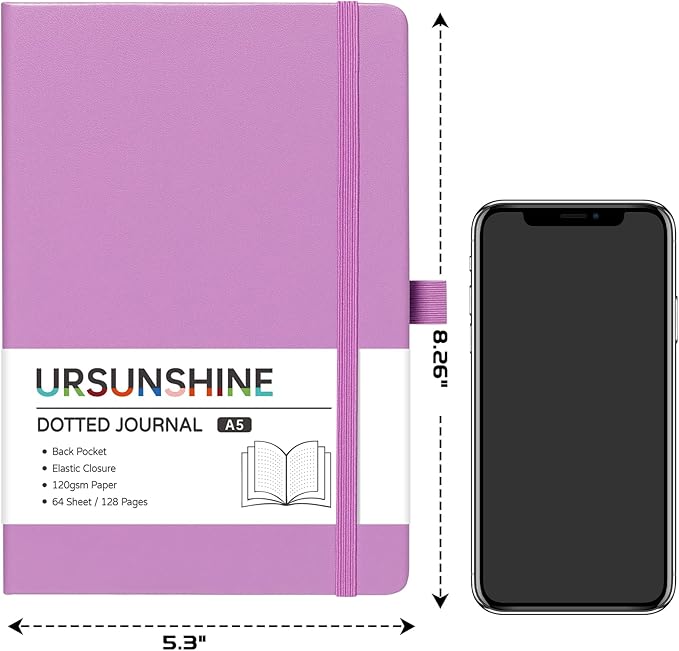 Dotted Journal/Notebook - Dot Grid Hard Cover Notebook, Premium Thick Paper with Fine Inner Pocket, Black Smooth Faux Leather, Pen Loop, 5.3'' x 8.26'' - Macaron Purple