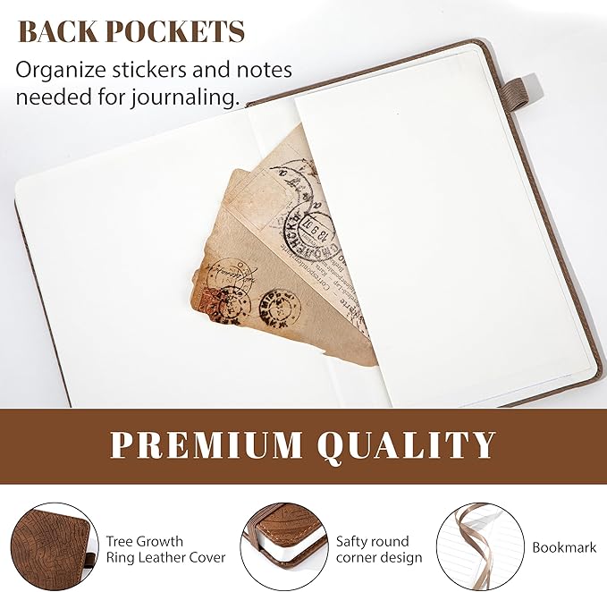 CAGIE Lined Journal for Men Women, Tree Growth Ring Leather Bound Journal Notebook, 256 Pages 100 GSM Journals for Writing, A5 Hardcover Journaling Notebooks for Work, Note Taking