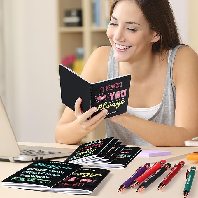 Funrous 32 Pcs Motivational Quote Pens Inspirational Notepads Mini Journal with Ballpoint Pen Small Notebooks Gift Set for Men Women Coworkers, Adult Party Favors Prizes Gift Bulk(Dark)