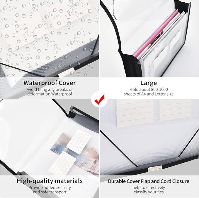 Expanding File Folder Document Organizer r with Flap and Cord Closure, Waterproof Transparent Document Bag, 2.8" Expansion, Letter A4 Expandable File Folder for Home School Office Organization，5 Pack