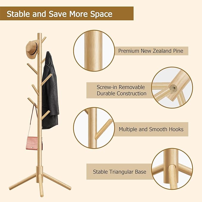 Wooden Coat Rack, Free Standing Coat Rack with 8 Hooks 3 Adjustable Heights for Clothes, Hats, Handbags, Coat Tree Easy Assembly for Entryway, Bedroom, Hallway, Office (New Nature)