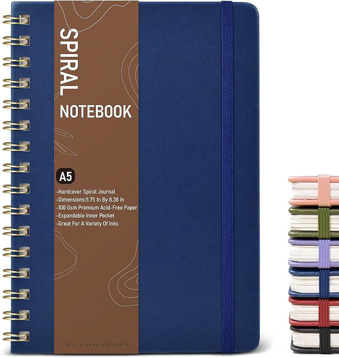 Dotted Spiral Journal Notebook, A5 Hardcover Spiral Journals for Women Men, 100 GSM Dot Grid Paper Notebooks, 150 Pages Spiral Bullet Dotted Notebook for Writing Note Taking 5.75" x 8.38", Navy Blue