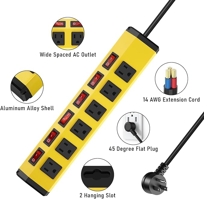 ANNQUAN 6 Outlet Metal Power Strip with 6 Individual Switches,Heavy Duty Power Strip 1200J 15A 6FT Cord Home Office Industrial Commercial Shop