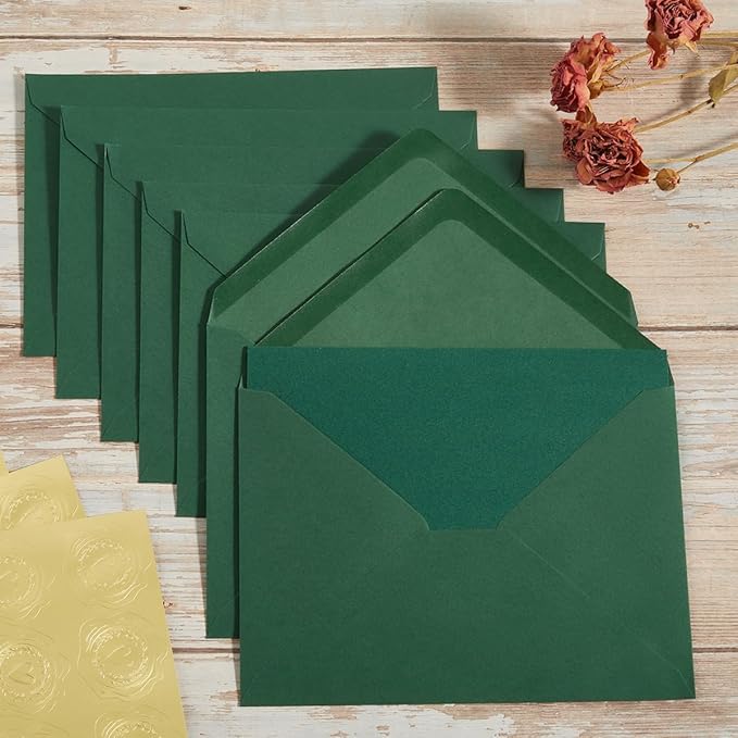50 Pack Dark Green A7 Envelopes with Cards 5x7 Thick Folded Cardstock and Gold Stickers for Greeting Cards, Wedding, Birthday, Invitations, Baby Showers (Dark Green, 5x7)