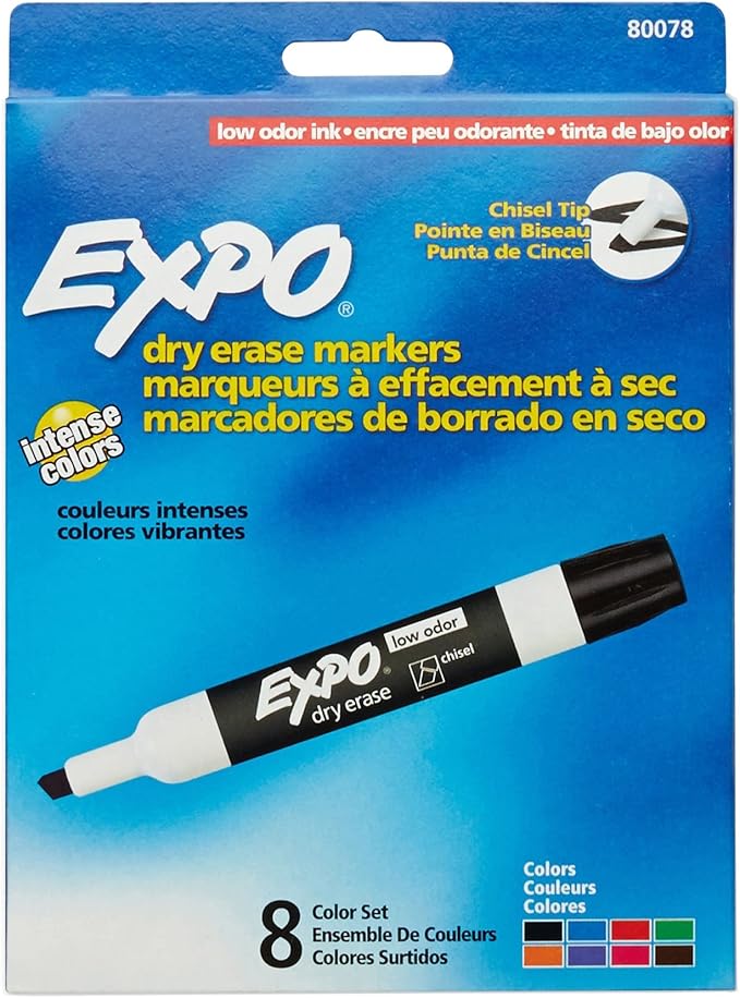 EXPO Low Odor Dry Erase Markers, Chisel Tip, Assorted Colors, 8 Count